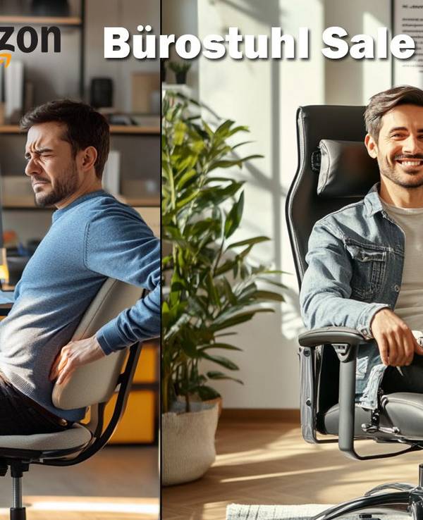 Links ein Mann der sichtlich schmerzen aufgrund seines ungemütlichen Bürostuhl hat. Rechts ein Mann der glücklich und gemütlich in seinem ergonomischen Bürostuhl sitzt.