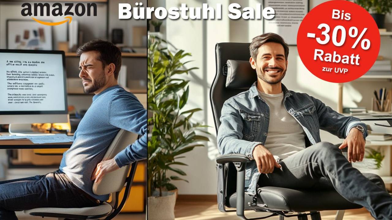 Links ein Mann der sichtlich schmerzen aufgrund seines ungemütlichen Bürostuhl hat. Rechts ein Mann der glücklich und gemütlich in seinem ergonomischen Bürostuhl sitzt.