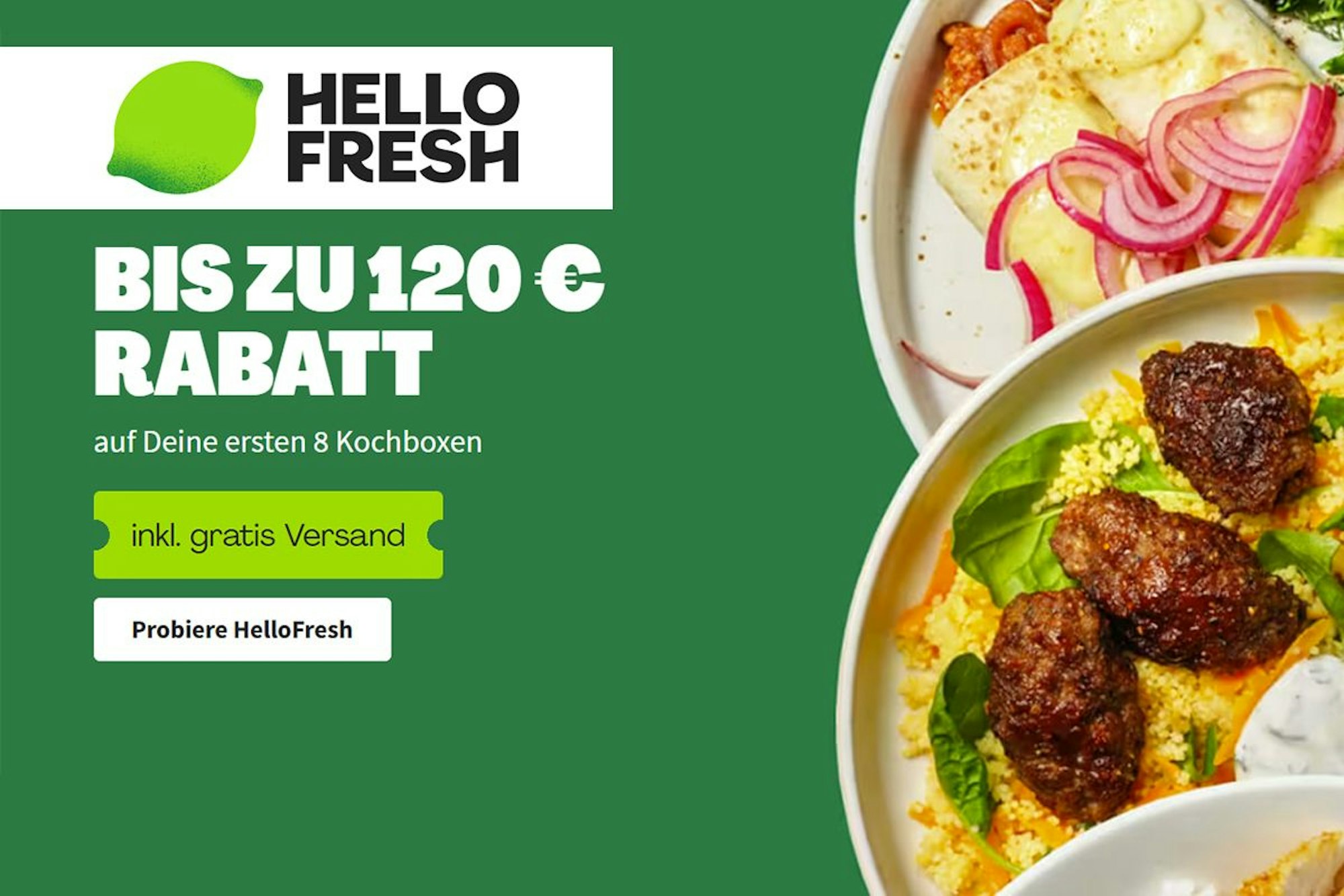 Bis zu 120€ Rabatt auf HelloFresh / Darstellung von zubereitetem Essen