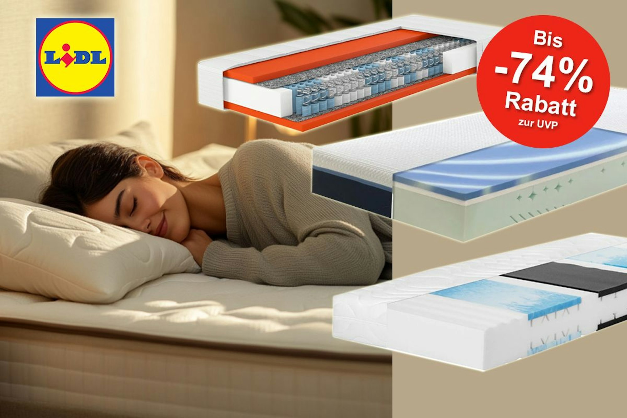 Auf dem Bild ist eine Frau zu sehen, die im Schlaf lächelt. Zudem sind drei Bilder von Matratzen platziert.