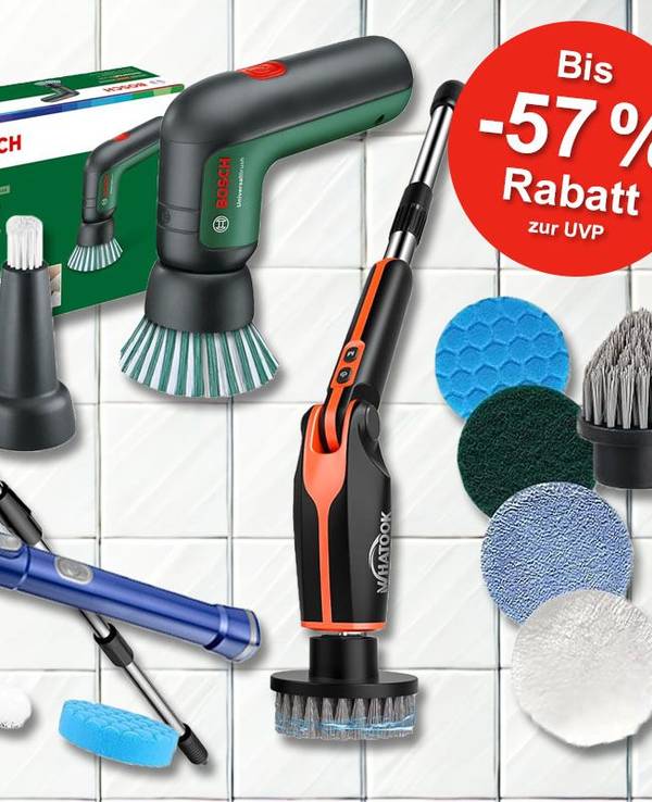 Elektrische Reinigungsbürsten von Bosch, Ankway, iDOO, Vikeri und Whatook vor einer hellen Fliesenwand.