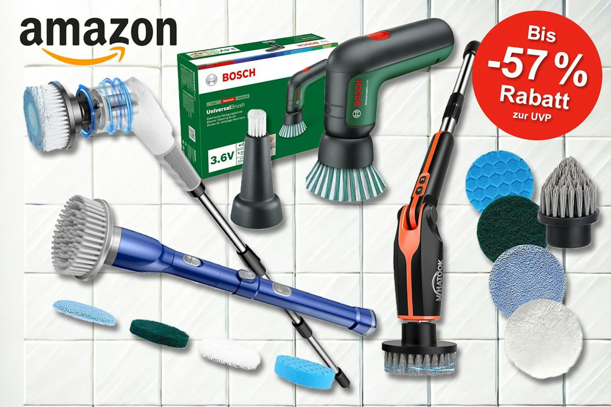 Elektrische Reinigungsbürsten von Bosch, Ankway, iDOO, Vikeri und Whatook vor einer hellen Fliesenwand.