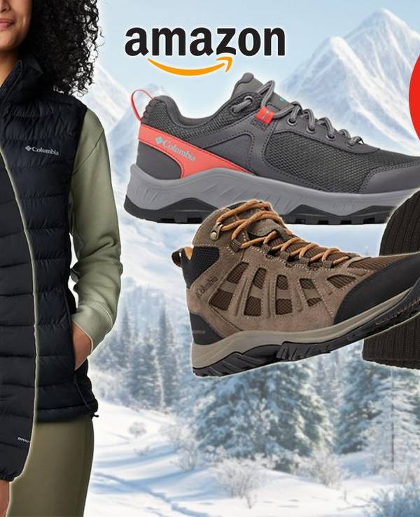 Auf dem Bild sind verschiedene Produkte der Marke Columbia wie eine Steppjacke und Steppweste, Schuhe und eine Mütze angeordnet. Im Hintergrund ist eine Schneelandschaft mit Bergen zu sehen.