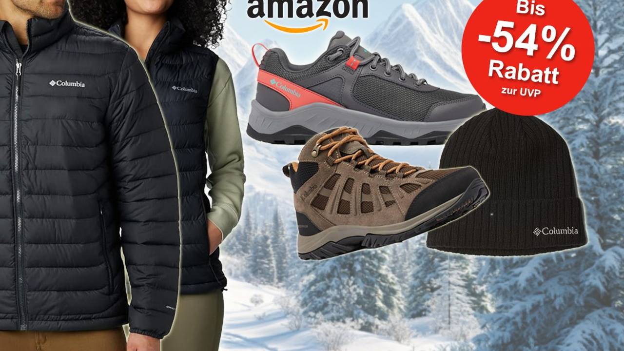Auf dem Bild sind verschiedene Produkte der Marke Columbia wie eine Steppjacke und Steppweste, Schuhe und eine Mütze angeordnet. Im Hintergrund ist eine Schneelandschaft mit Bergen zu sehen.