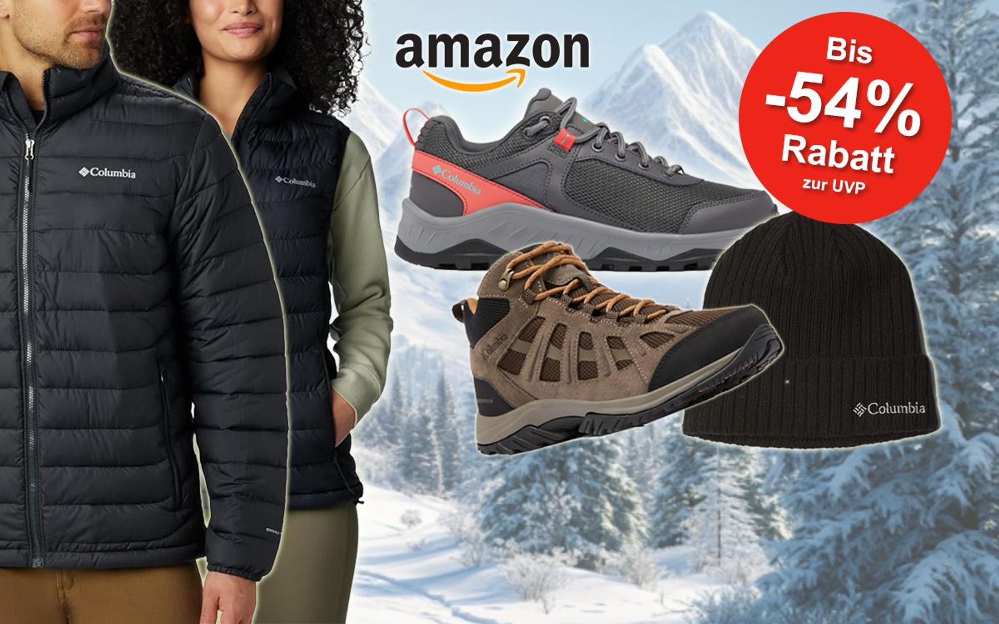 Auf dem Bild sind verschiedene Produkte der Marke Columbia wie eine Steppjacke und Steppweste, Schuhe und eine Mütze angeordnet. Im Hintergrund ist eine Schneelandschaft mit Bergen zu sehen.
