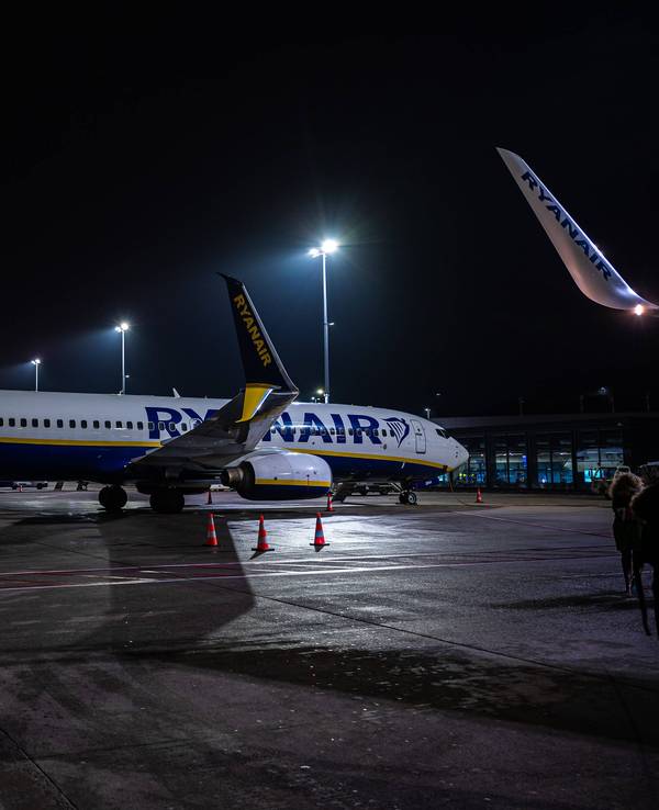 Ryanair 737-8AS Boeing airplanes at night at the Charleroi Airport, Walloon Region DEC 13, 2024