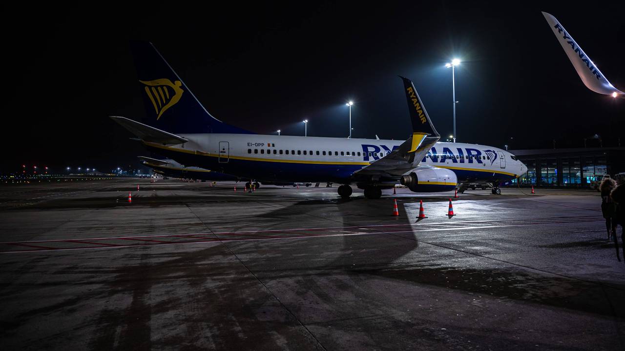 Ryanair 737-8AS Boeing airplanes at night at the Charleroi Airport, Walloon Region DEC 13, 2024