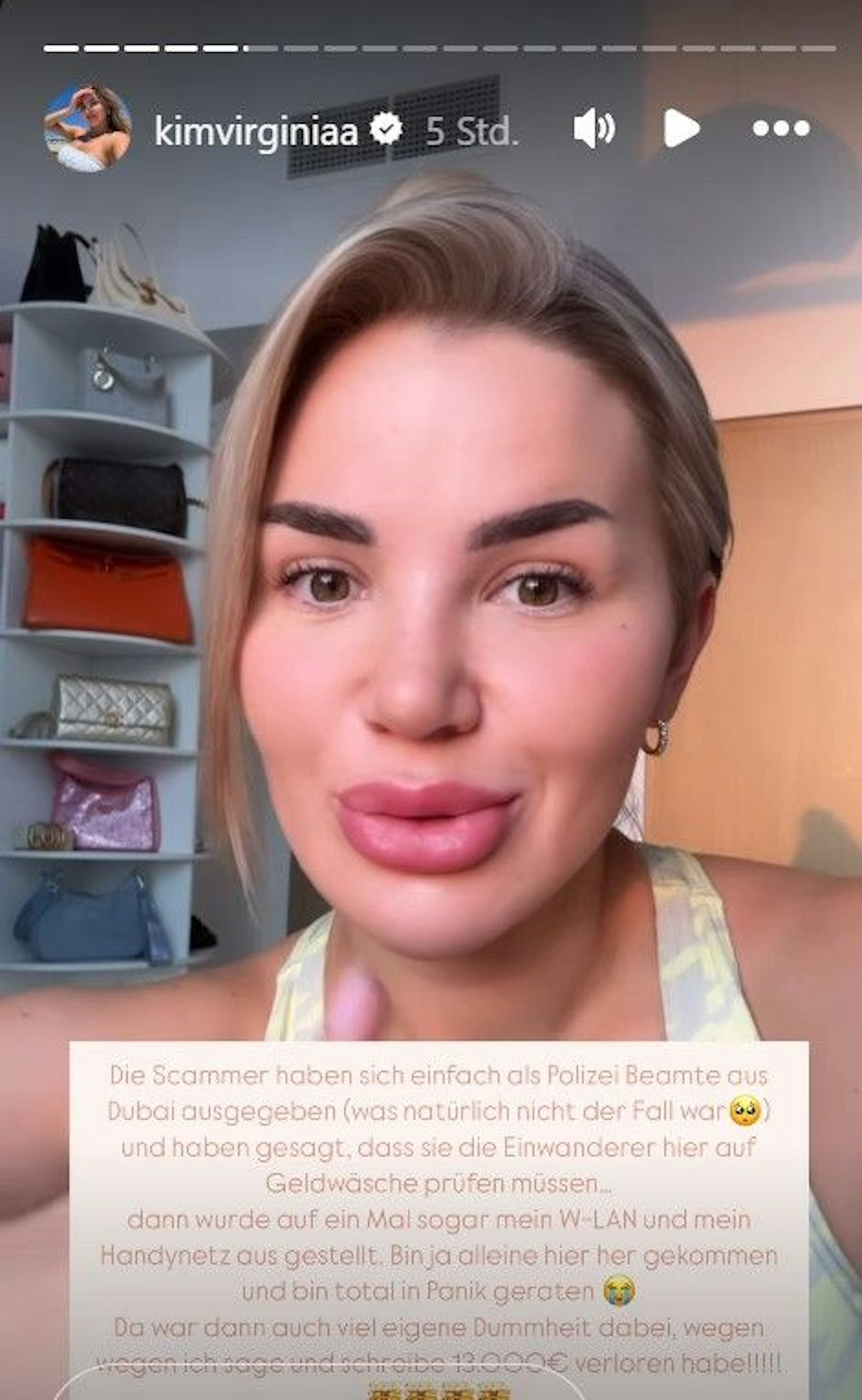Zu sehen ist Kim Virginia die einer Instagram-Story ihren Followern über den Geld-Betrug erzählt.