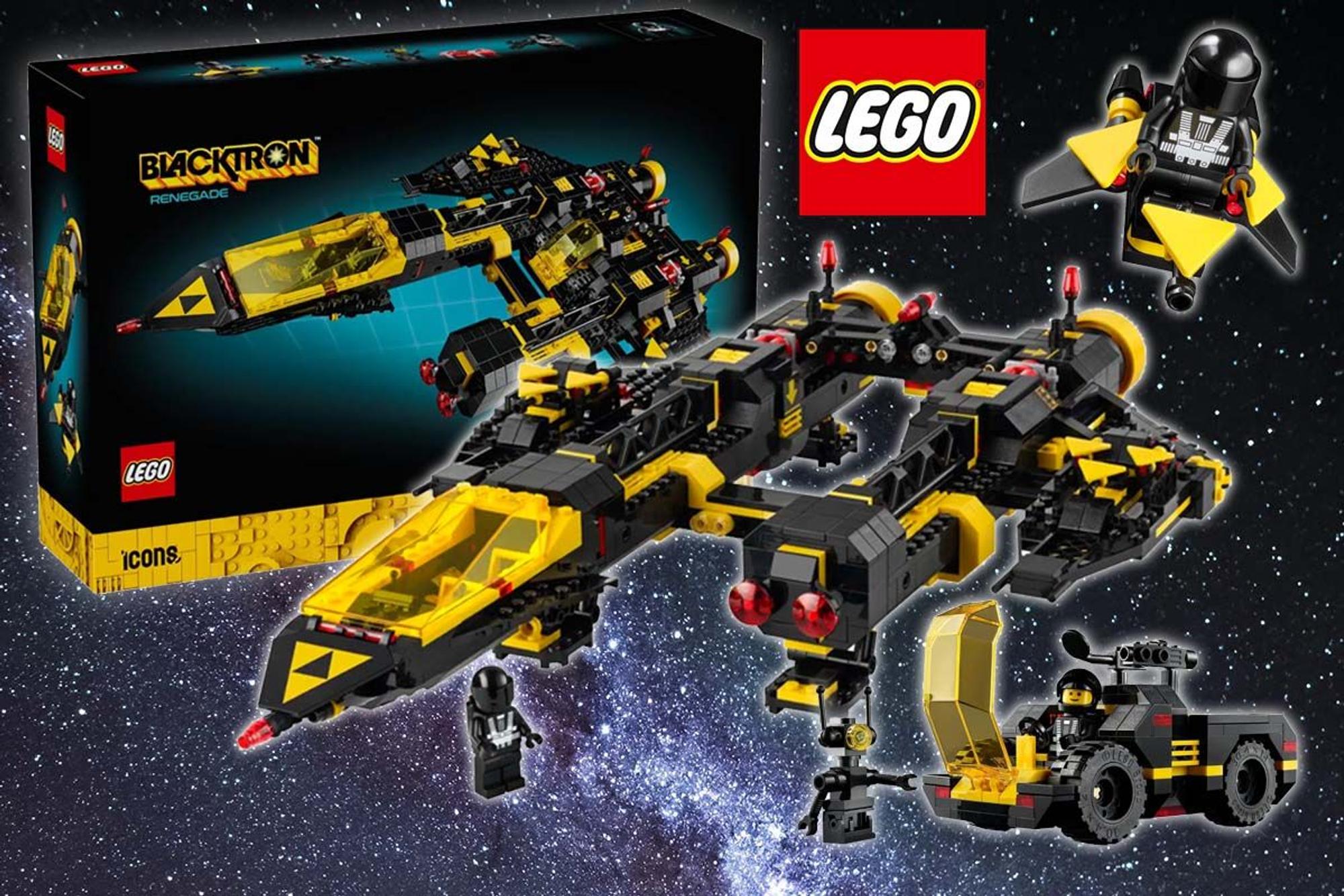 Das Modell Raumschiff LEGO Icons 10355 Blacktron Renegade mit Zubehör und mit Produktverpackung vor einem Bild im Weltraum mit vielen Sternen und Galaxien.