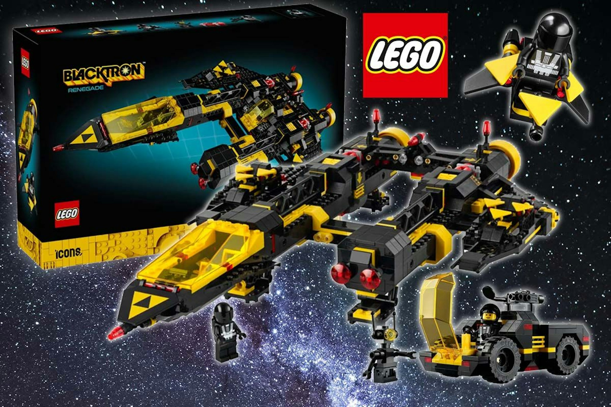 Das Modell Raumschiff LEGO Icons 10355 Blacktron Renegade mit Zubehör und mit Produktverpackung vor einem Bild im Weltraum mit vielen Sternen und Galaxien.