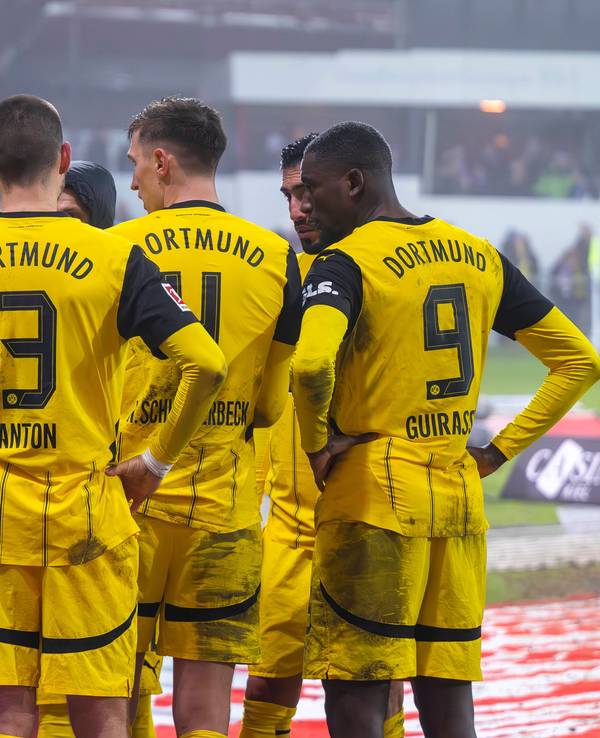 Vier BVB-Profis sprechen an der Werbebande mit Ultras.