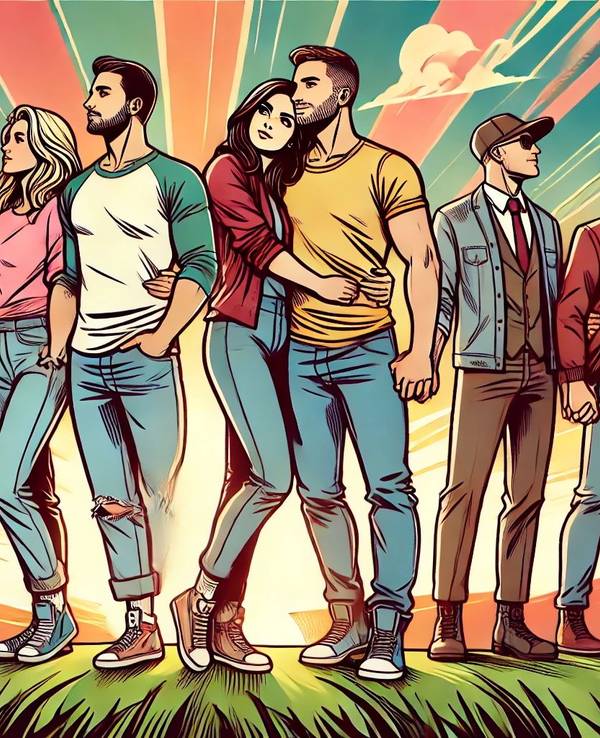 Paare stehen nebeneinander auf einer Wiese. Bild im Comic-Style.