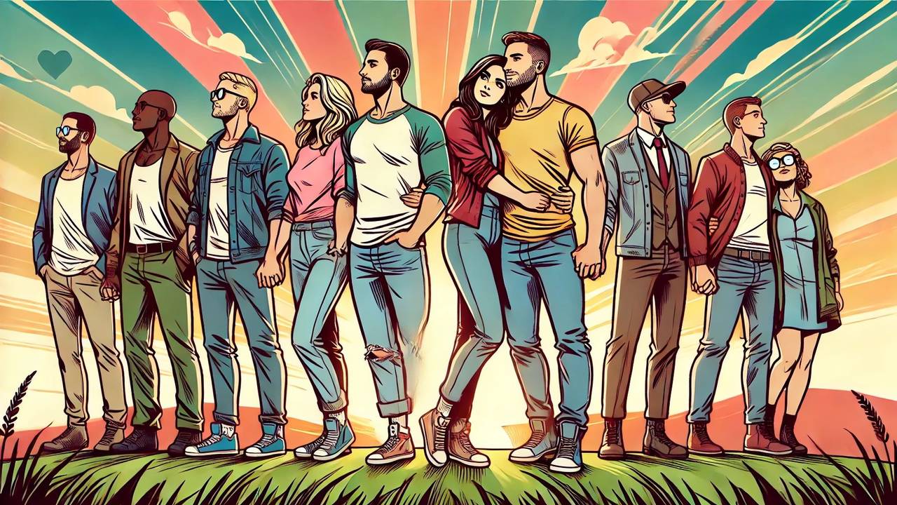 Paare stehen nebeneinander auf einer Wiese. Bild im Comic-Style.