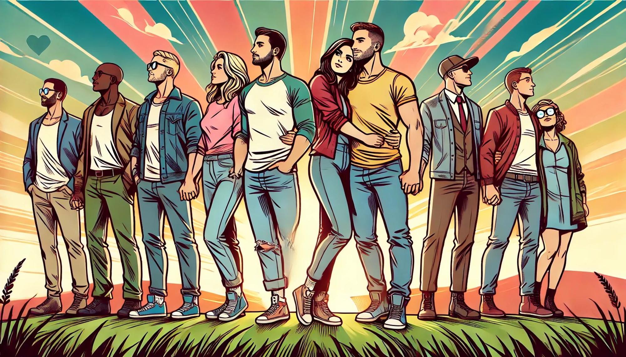 Paare stehen nebeneinander auf einer Wiese. Bild im Comic-Style.