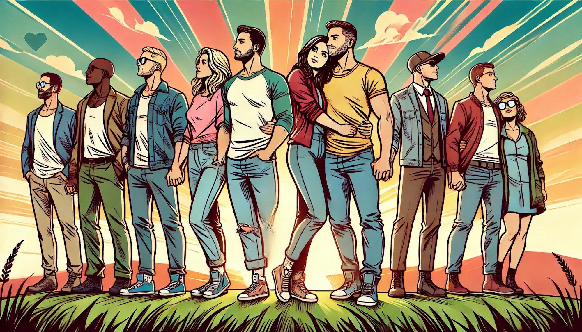 Paare stehen nebeneinander auf einer Wiese. Bild im Comic-Style.
