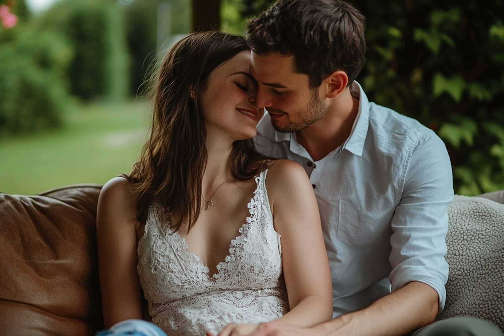 Ein glückliches junges Pärchen sitzt auf einer Couch. Im Hintergrund ist ein Garten zu sehen.
