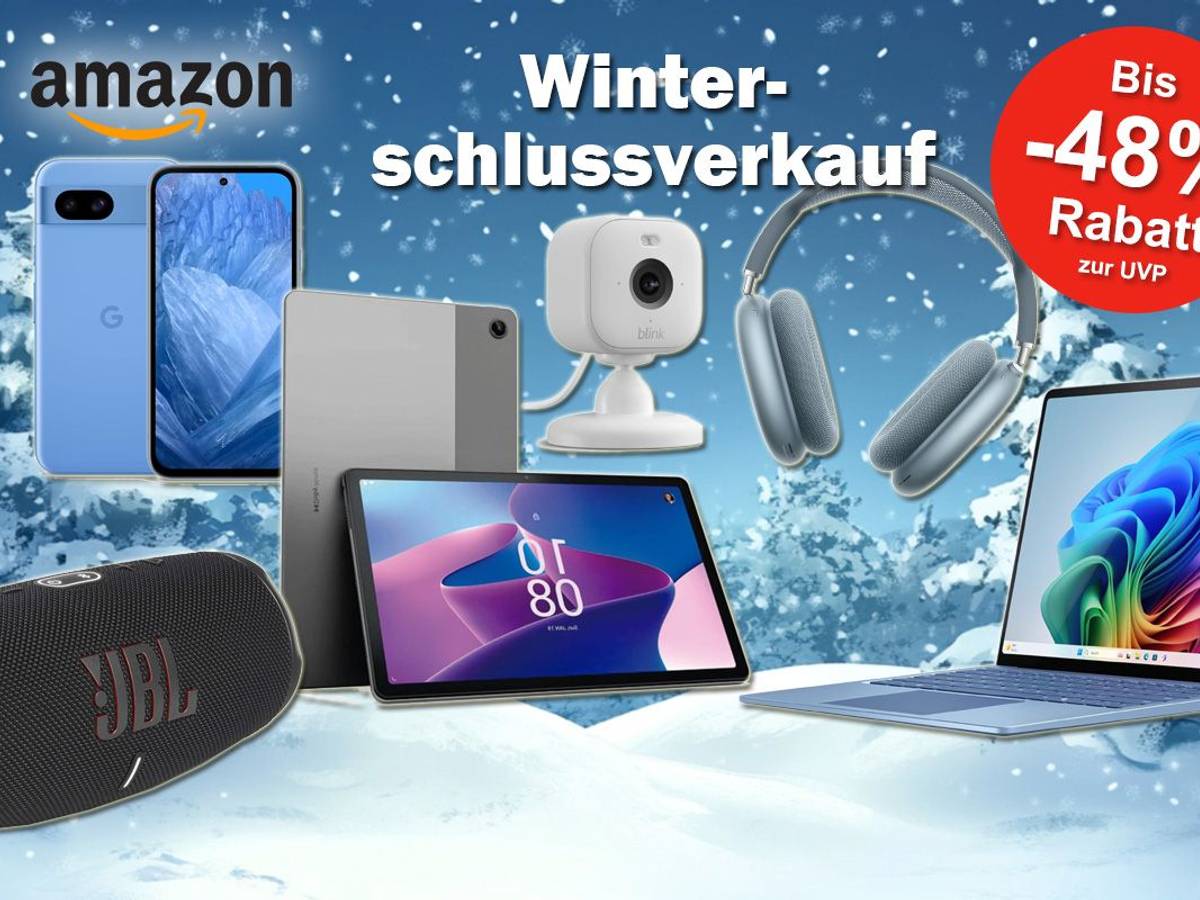 Produktbilder von JBL Box, Lenovo Tablet, Laptop, Apple Air Pods Max, Blink Überwachungskamera und Google Pixel Handy vor einem verschneiten Hintergrund
