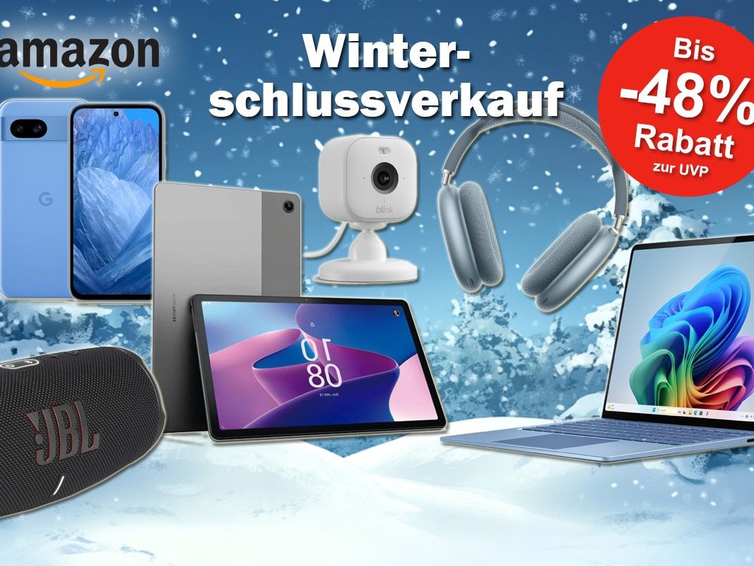 Produktbilder  von JBL Box, Lenovo Tablet, Laptop, Apple Air Pods Max, Blink Überwachungskamera und Google Pixel Handy vor einem verschneiten Hintergrund