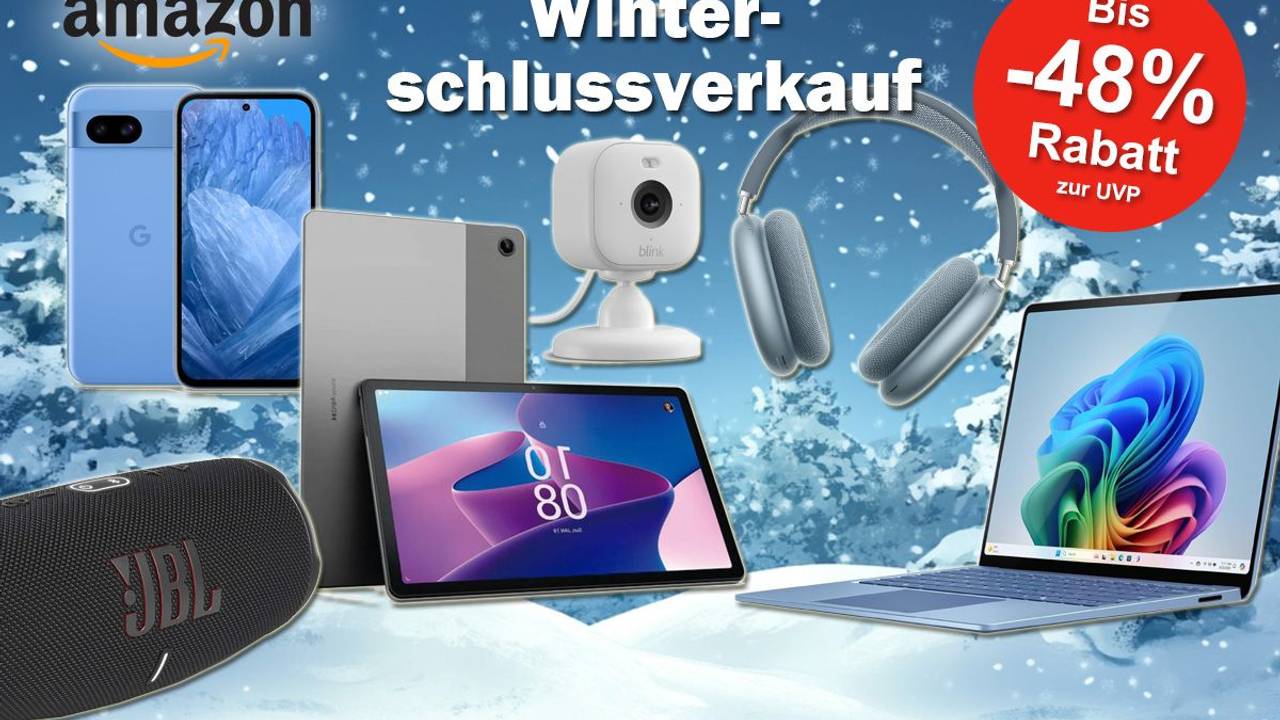 Produktbilder von JBL Box, Lenovo Tablet, Laptop, Apple Air Pods Max, Blink Überwachungskamera und Google Pixel Handy vor einem verschneiten Hintergrund