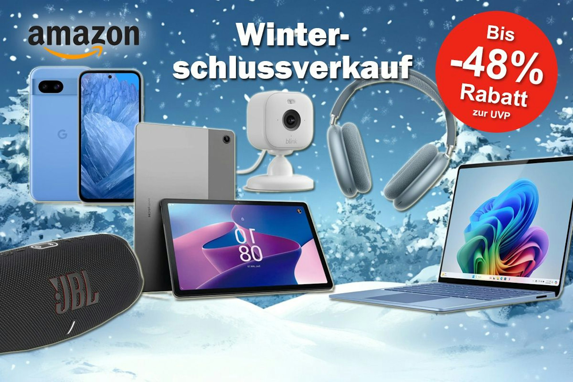 Produktbilder  von JBL Box, Lenovo Tablet, Laptop, Apple Air Pods Max, Blink Überwachungskamera und Google Pixel Handy vor einem verschneiten Hintergrund