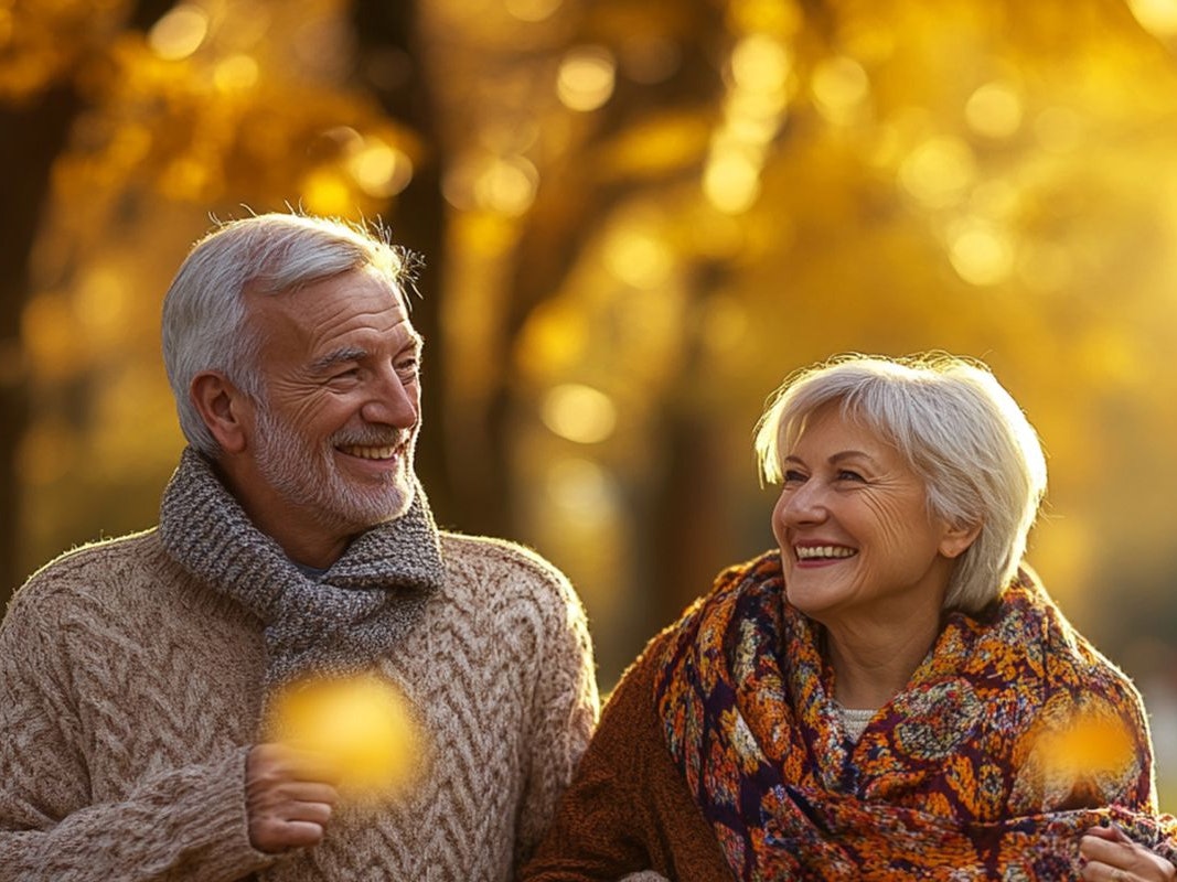 Ein älteres Paar spaziert in einem herbstlichen Park