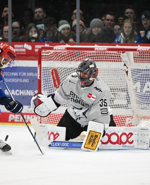 Haie-Torwart Julius Hudacek im Duell mit Sebastian Uvira von den Schwenninger Wild Wings.