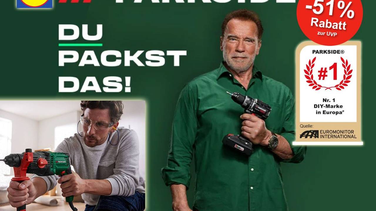 Das Bild zeigt Arnold Schwarzenegger, der ein Parkside Werkzeug in der Hand hält. Daneben steht der Slogan Du packst das.