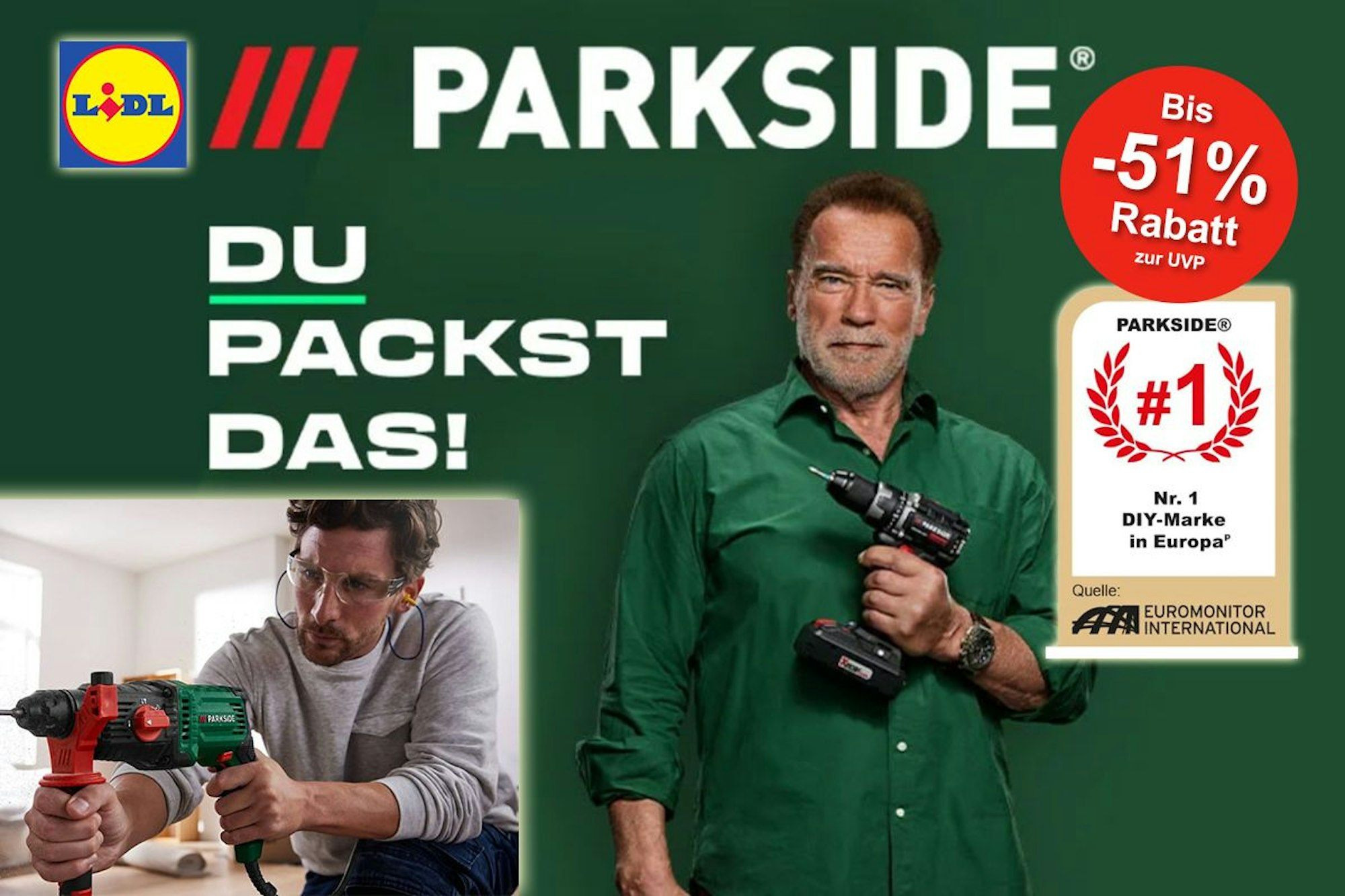 Das Bild zeigt Arnold Schwarzenegger, der ein Parkside Werkzeug in der Hand hält. Daneben steht der Slogan Du packst das.