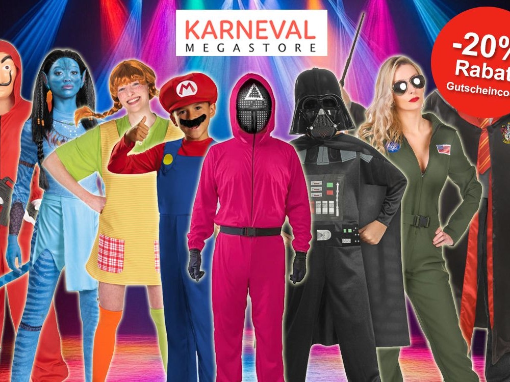 Auf dem Bild sind verschiedene Karnevalskostüme aus Filmen und Serien wie Haus des Geldes, Squid Game, Pippi Langstrumpf, Star Wars und mehr zu sehen.