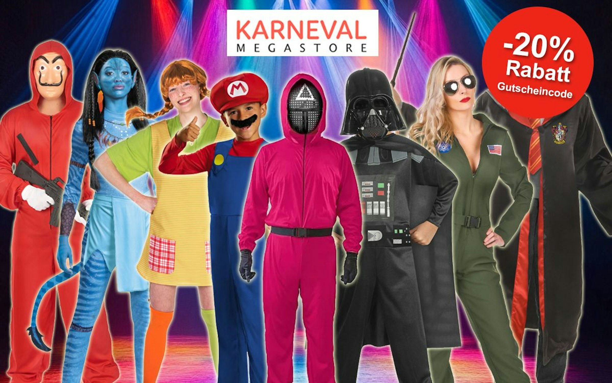 Auf dem Bild sind verschiedene Karnevalskostüme aus Filmen und Serien wie Haus des Geldes, Squid Game, Pippi Langstrumpf, Star Wars und mehr zu sehen.