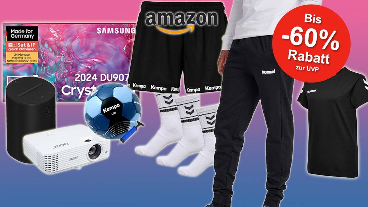Auf dem Bild sind verschiedene Produkte rund um die Handball WM wie Fernseher, Beamer, Soundbar und Kempa- und hummel-Artikel angeordnet.