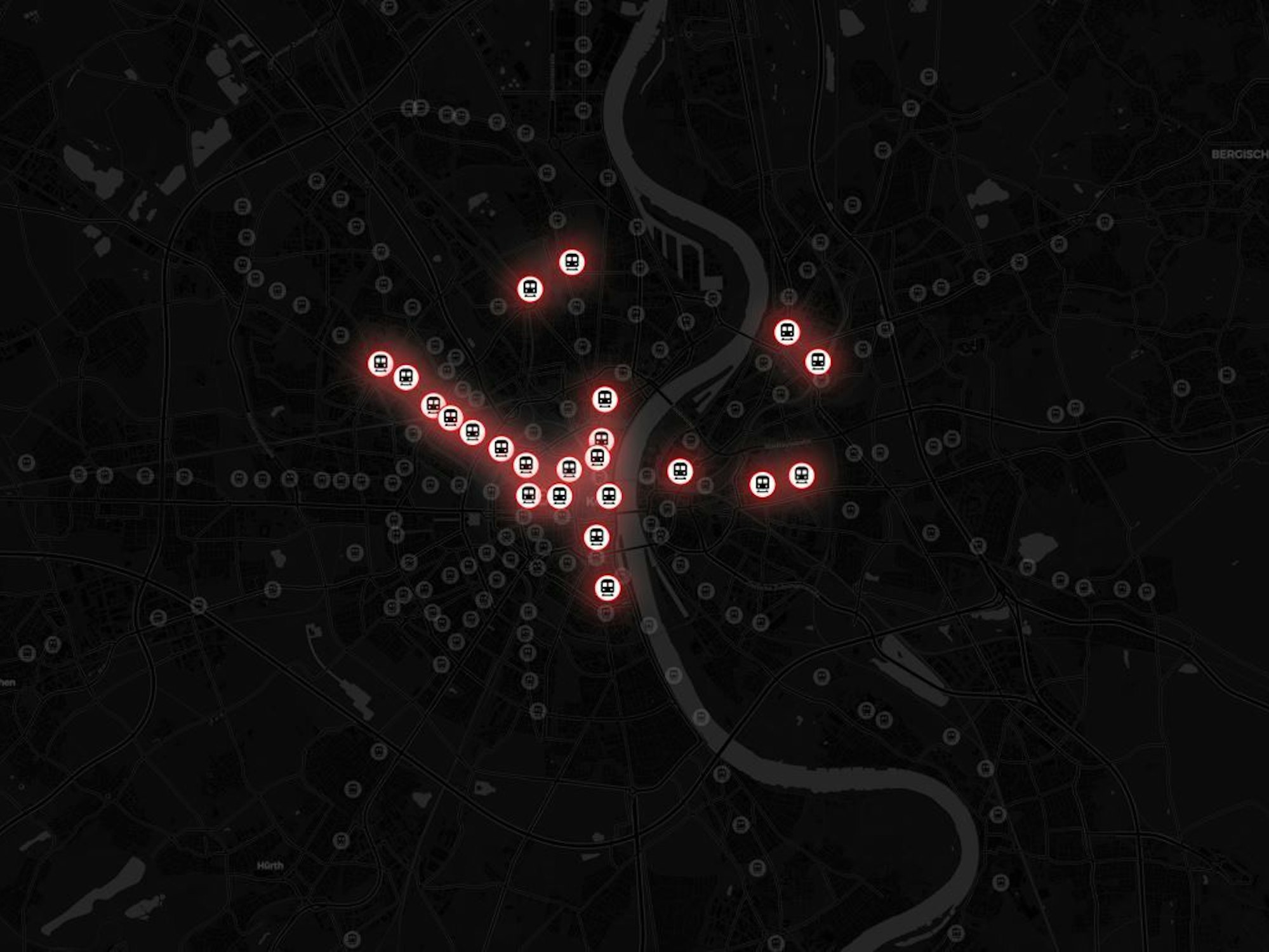 Dunkle Karte mit leuchtenden weißen Flecken.