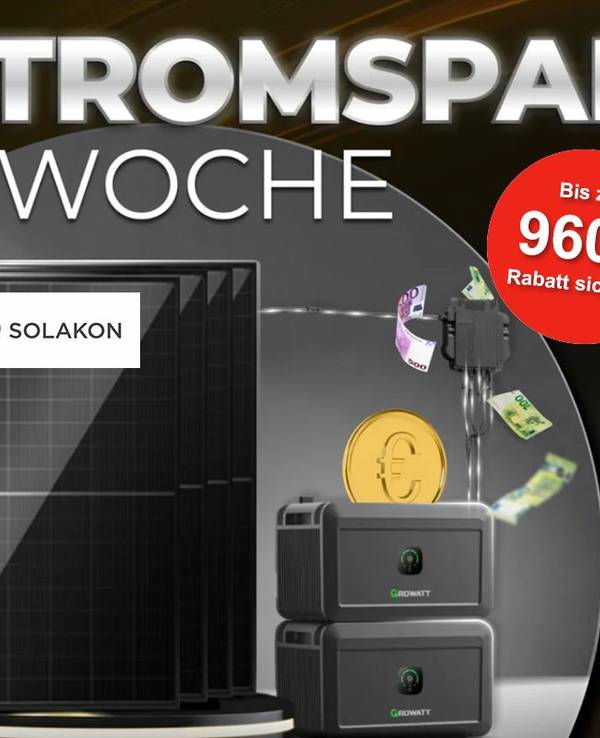 Aktionsbild der Solakon Stromsparwoche mit der Darstellung von einem Balkonkraftwerk und Speichern sowie Geldscheinen, die de Ersparnis verdeutlichen sollen.