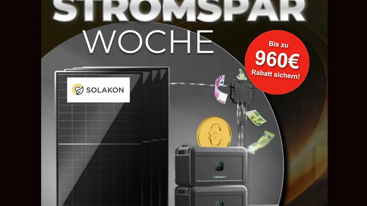 Aktionsbild der Solakon Stromsparwoche mit der Darstellung von einem Balkonkraftwerk und Speichern sowie Geldscheinen, die de Ersparnis verdeutlichen sollen.