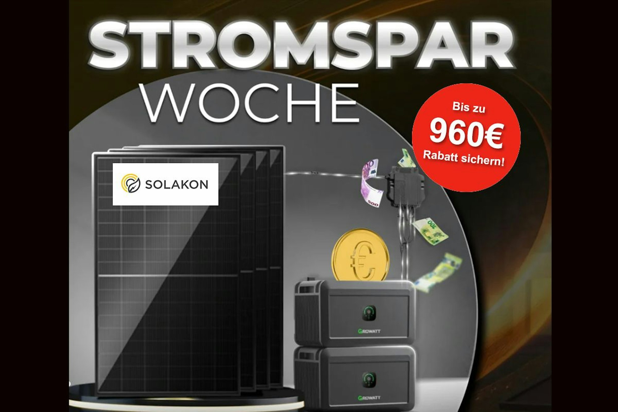 Aktionsbild der Solakon Stromsparwoche mit der Darstellung von einem Balkonkraftwerk und Speichern sowie Geldscheinen, die de Ersparnis verdeutlichen sollen.
