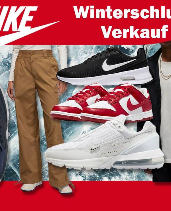 Nike Winterschlussverkauf Produkte vor Eisfläche. Nike Air Force 1, Nike Dunk Low, Nike Air Max Pulse Sneaker sowie Jordan Essentials Jacke, Jordan Chicago Damenhose.