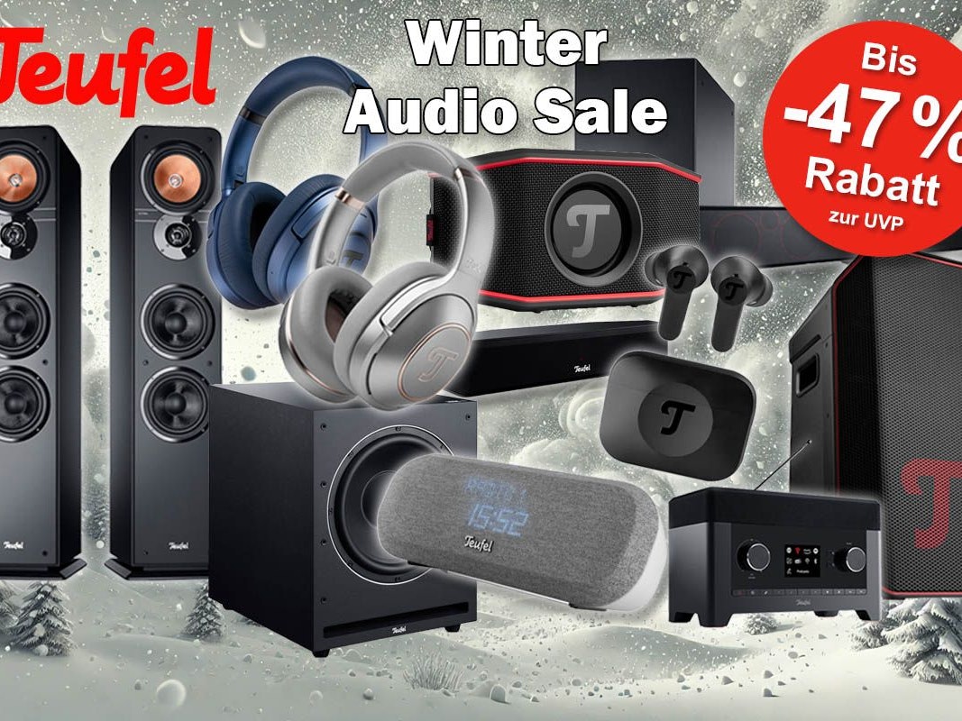 Teufel Audio Produkte wie Kopfhörer Real Blue Pro, Lautsprecher Rockster Go 2, Ultima, Cinebar und Radio One mit Teufel vor Schneesturm Bild zum Winter Sale.