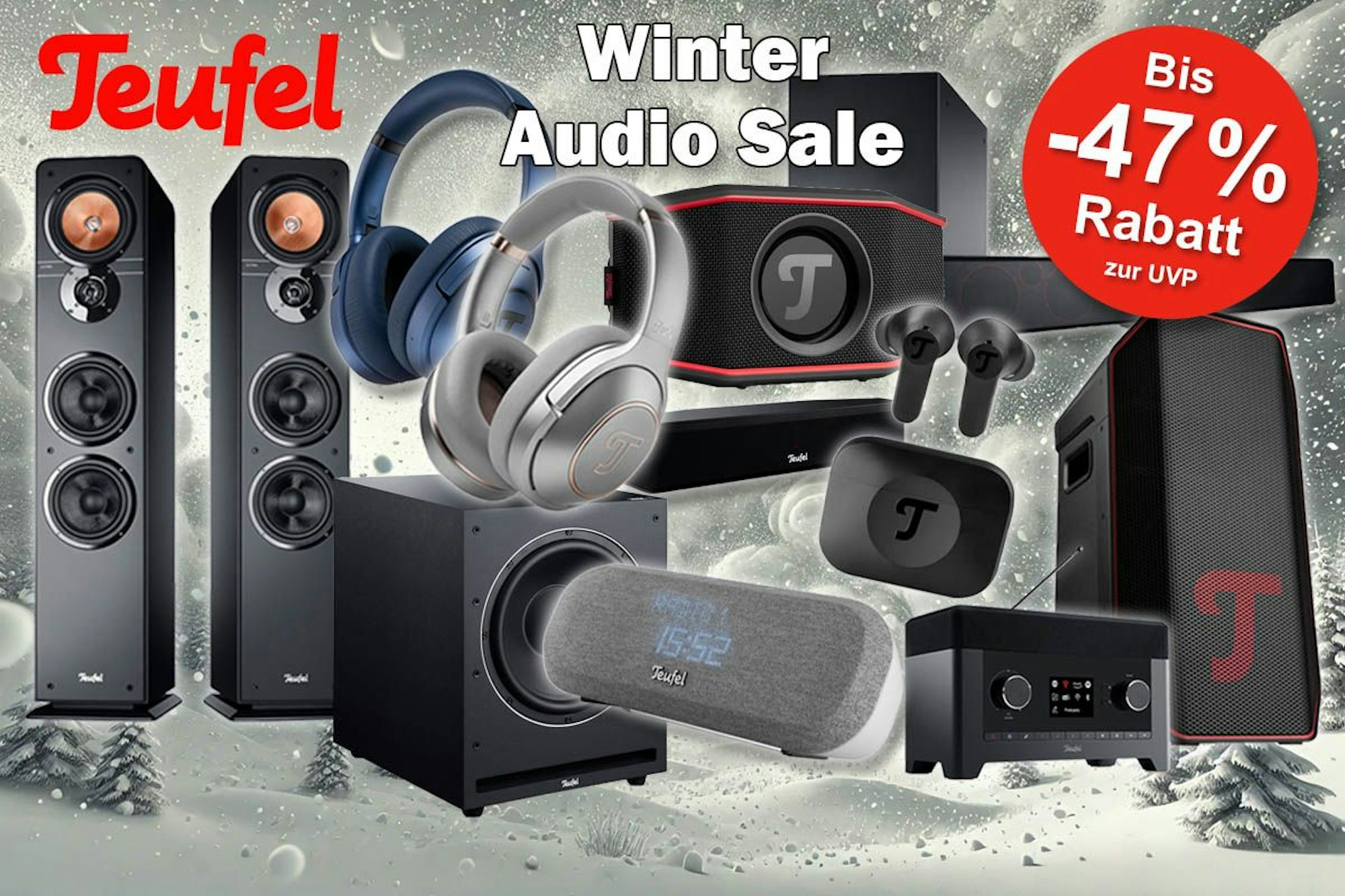 Teufel Audio Produkte wie Kopfhörer Real Blue Pro, Lautsprecher Rockster Go 2, Ultima, Cinebar und Radio One mit Teufel vor Schneesturm Bild zum Winter Sale.