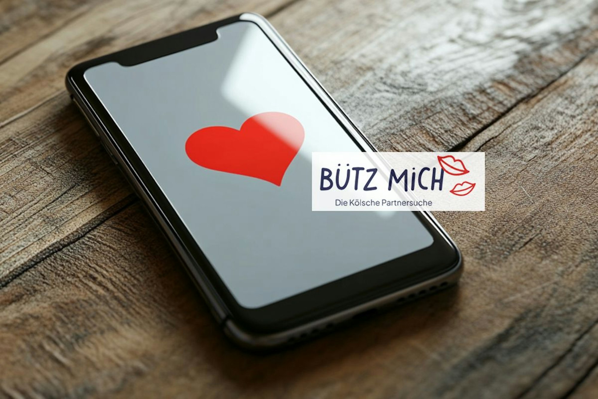 Ein Handy liegt auf einem Holztisch. Auf dem Display des Handys ist ein Herz zu sehen.