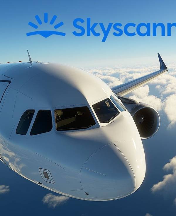 Flugzeug über den Wolken mit Skyscanner Logo
