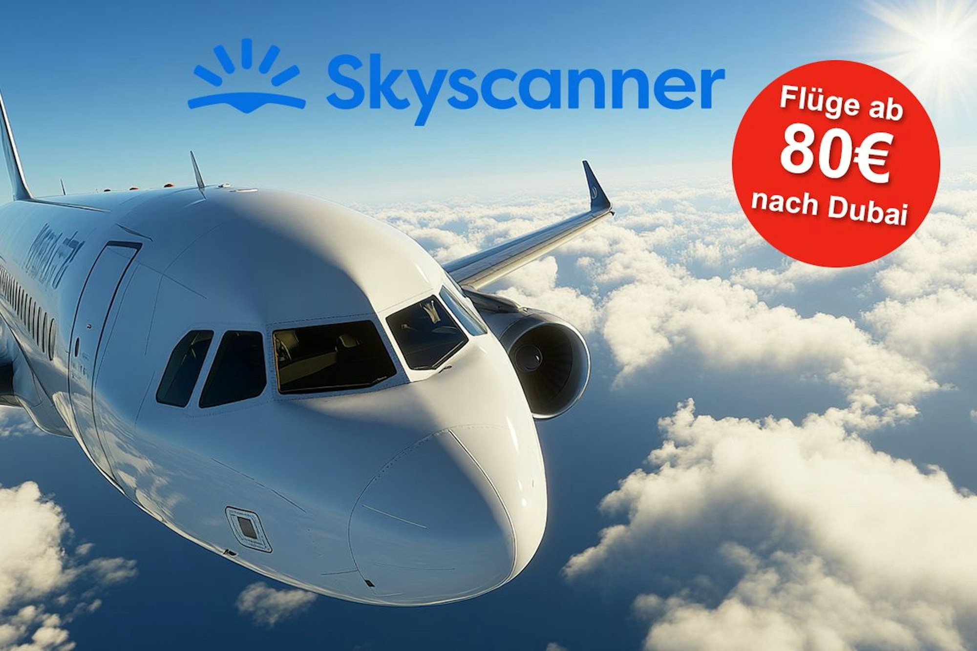 Flugzeug über den Wolken mit Skyscanner Logo