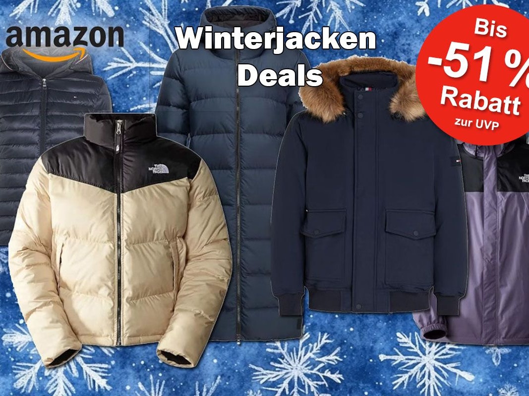 Winterjacken von den Marken THE NORTH FACE, Tommy Hilfiger und Columbia vor einem Schnee und Eis Hintergrund.