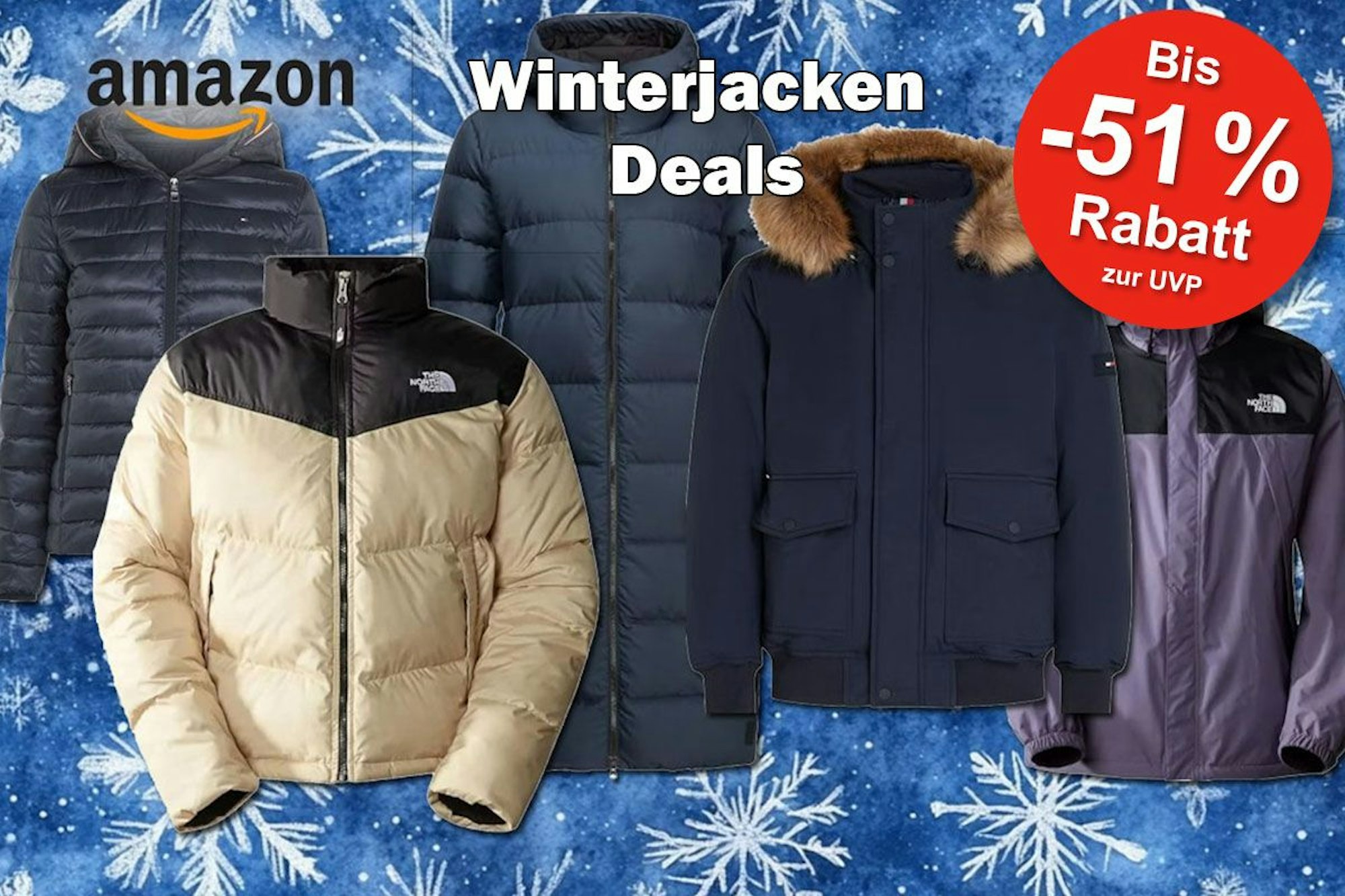 Winterjacken von den Marken THE NORTH FACE, Tommy Hilfiger und Columbia vor einem Schnee und Eis Hintergrund.