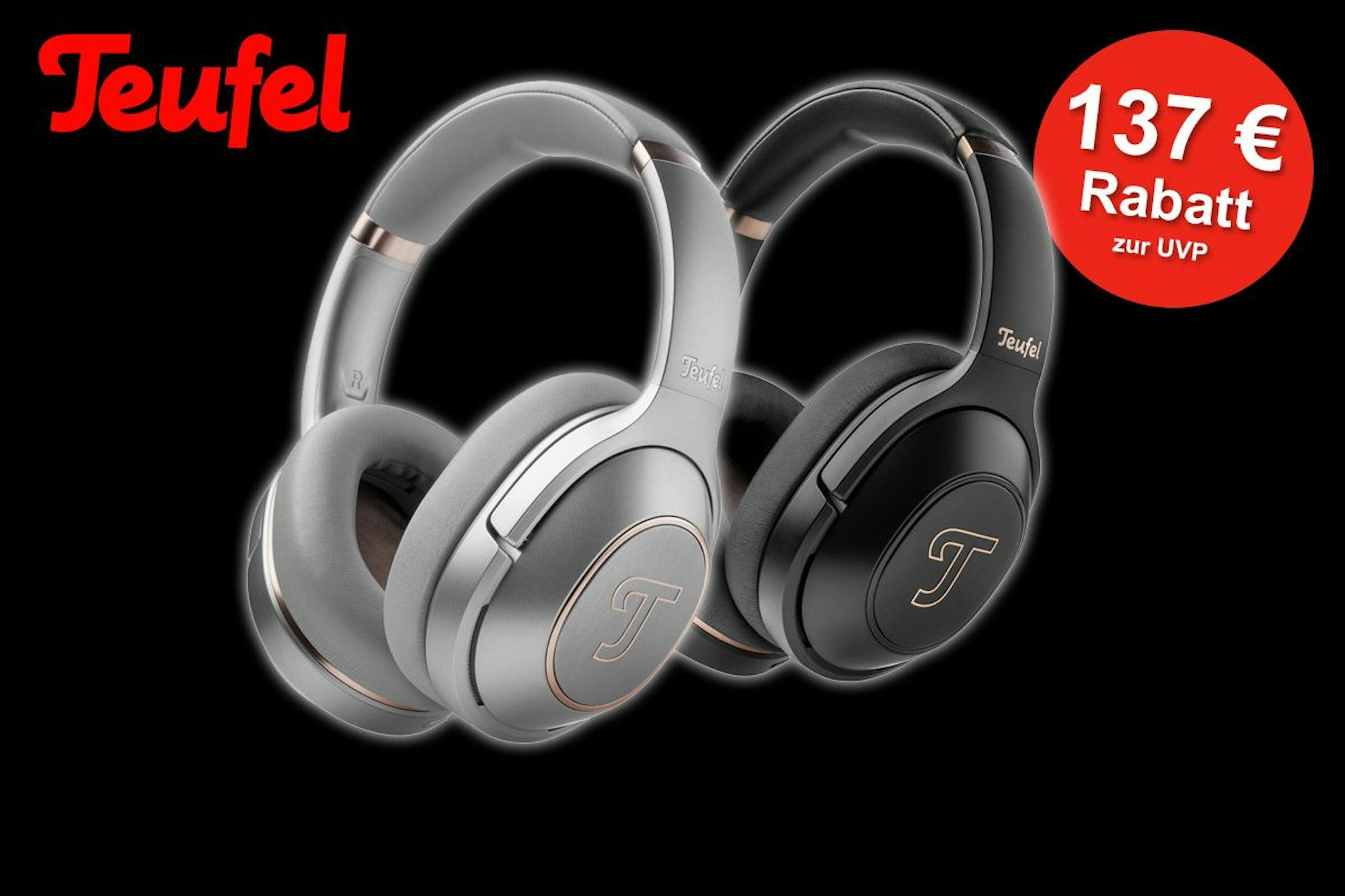 Teufel Real Blue Pro Kopfhörer in Schwarz und Grau vor schwarzem Hintergrund.