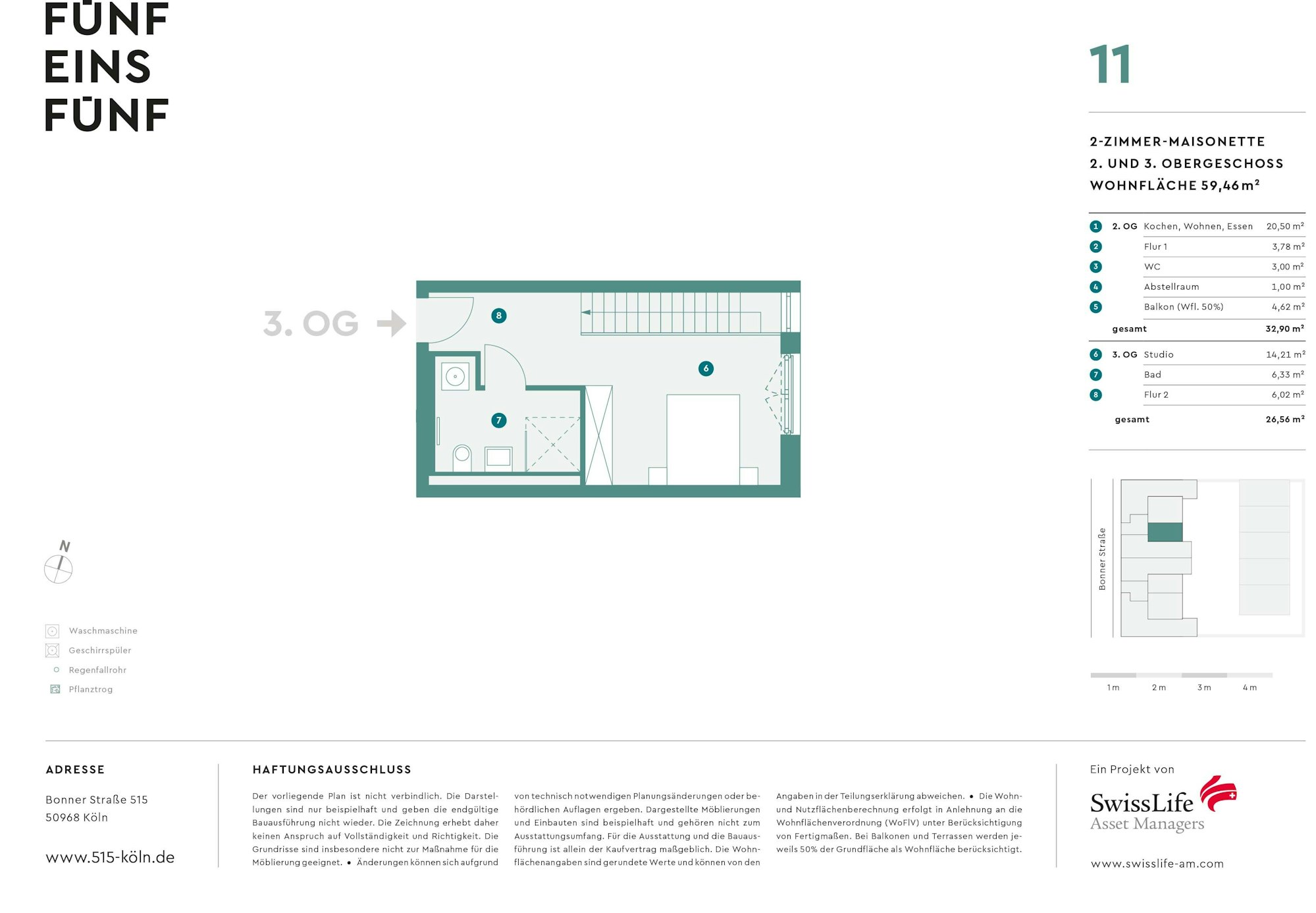 Grundriss obere Etage der Wohnung 11 in 515 Köln Marienburg.