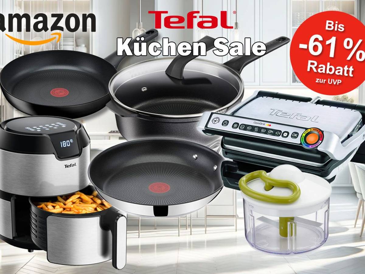Tefal Küchengeräte und Produkte wie Titanium Pfanne und Jamie Oliver Pfanne sowie ausgewählte Optigrills vor einer hellen Küche im Hintergrund.