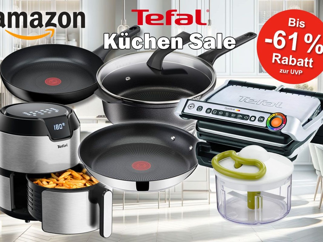 Tefal Küchengeräte und Produkte wie Titanium Pfanne und Jamie Oliver Pfanne sowie ausgewählte Optigrills vor einer hellen Küche im Hintergrund.