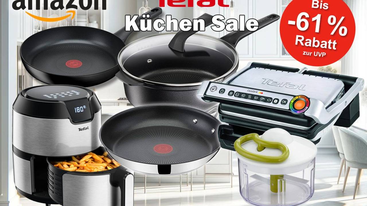 Tefal Küchengeräte und Produkte wie Titanium Pfanne und Jamie Oliver Pfanne sowie ausgewählte Optigrills vor einer hellen Küche im Hintergrund.