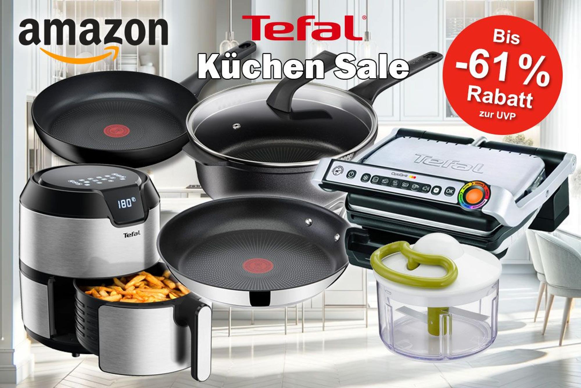Tefal Küchengeräte und Produkte wie Titanium Pfanne und Jamie Oliver Pfanne sowie ausgewählte Optigrills vor einer hellen Küche im Hintergrund.