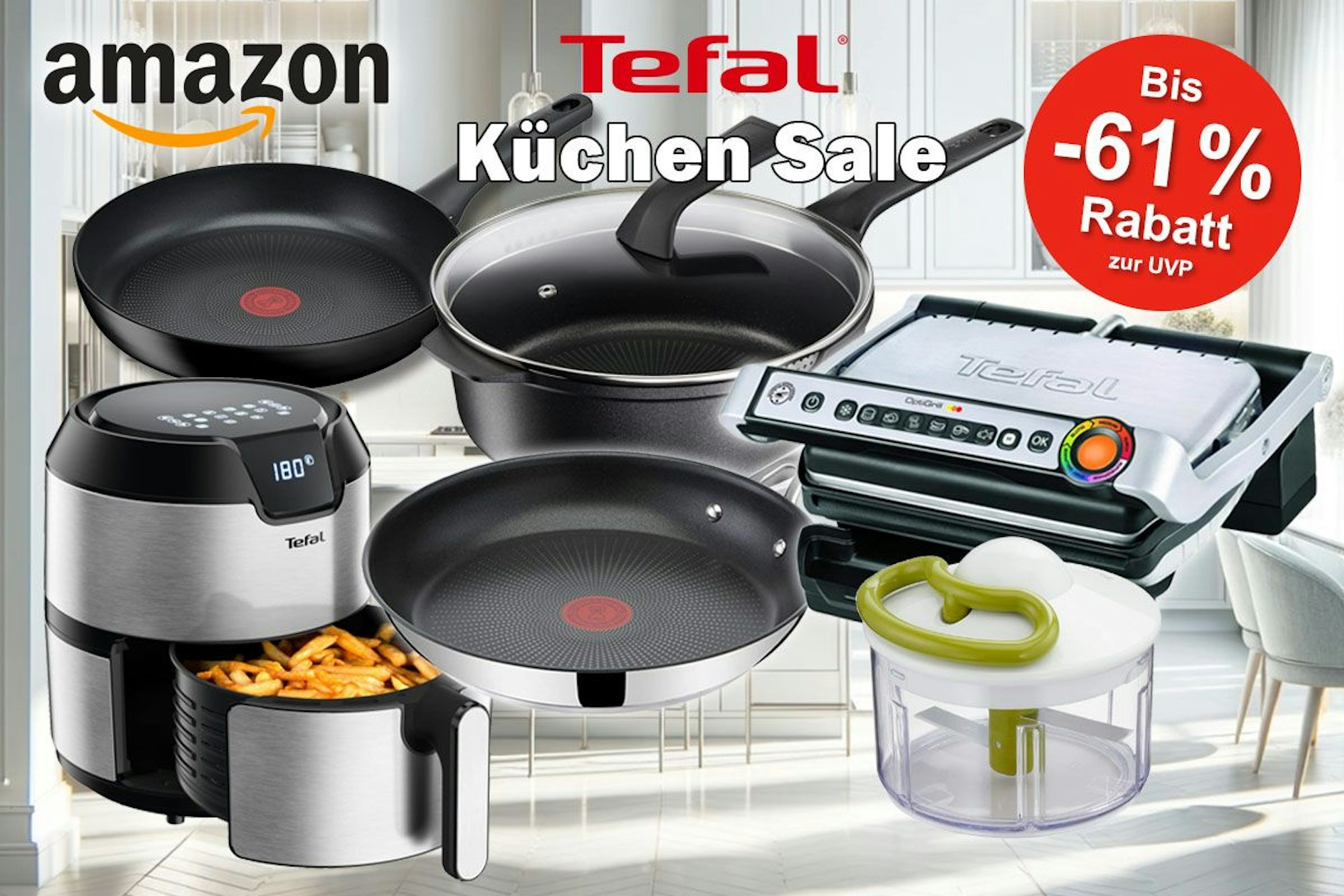 Tefal Küchengeräte und Produkte wie Titanium Pfanne und Jamie Oliver Pfanne sowie ausgewählte Optigrills vor einer hellen Küche im Hintergrund.